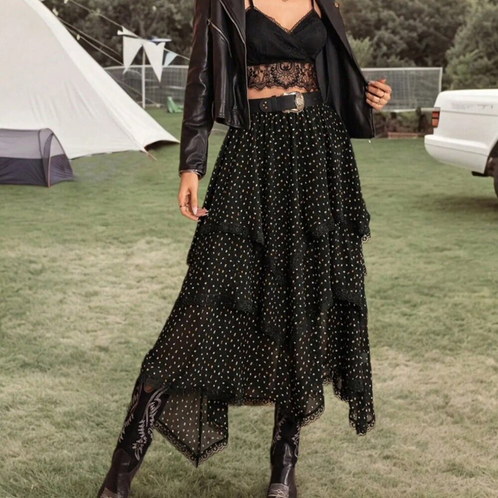 Black Casual Women's Polka-Dot Asymmetric Skirt